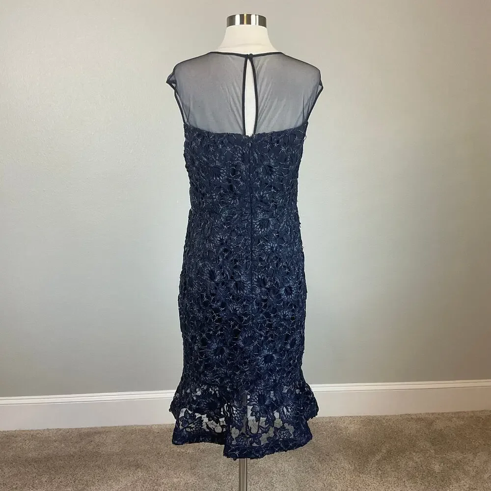 Aidan Mattox Lace Sleeveless Midi Sheath Party Cocktail Dress Blue Size 10 - Picture 5 of 11